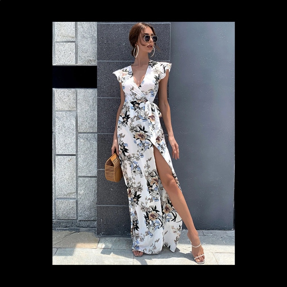 Shein Wrap Tie Side Floral Print Dress